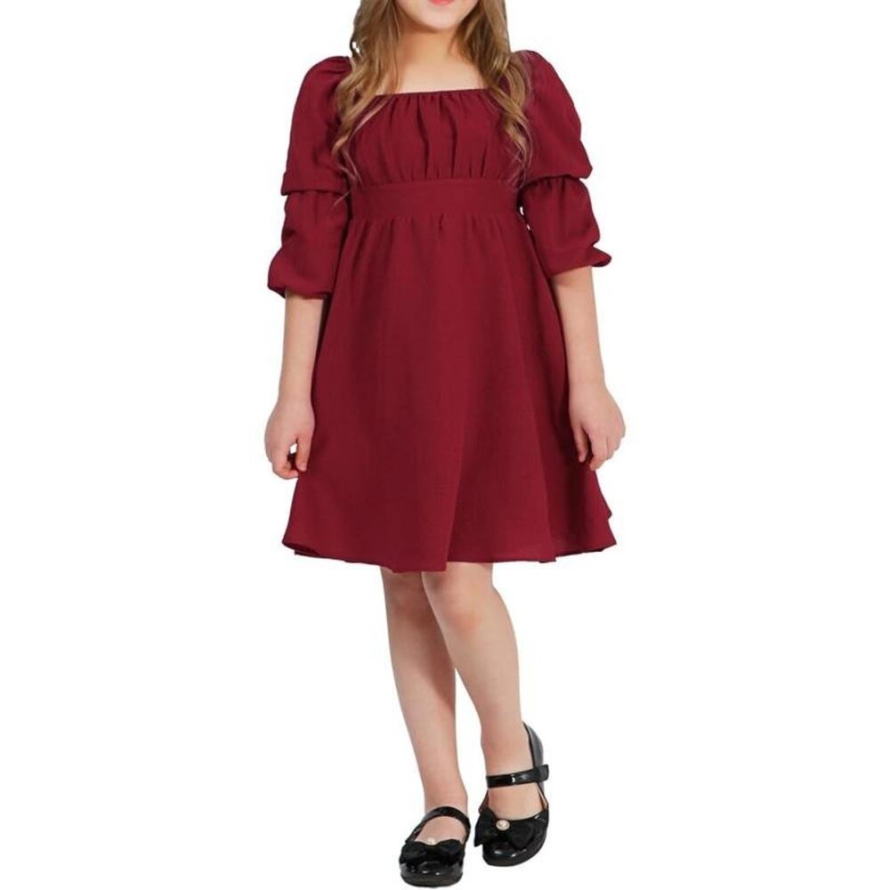 NWT Casual Long Puff Sleeve Girls Dresses Square Neck A Line, Burgandy SZ 12